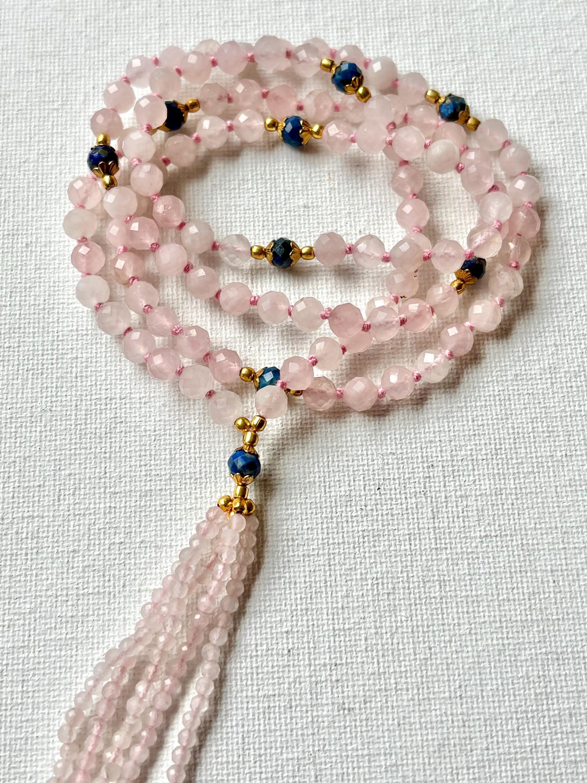 Rose Quartz Mala Necklace: Lapis Lazuli Accents, Heart Chakra Healing