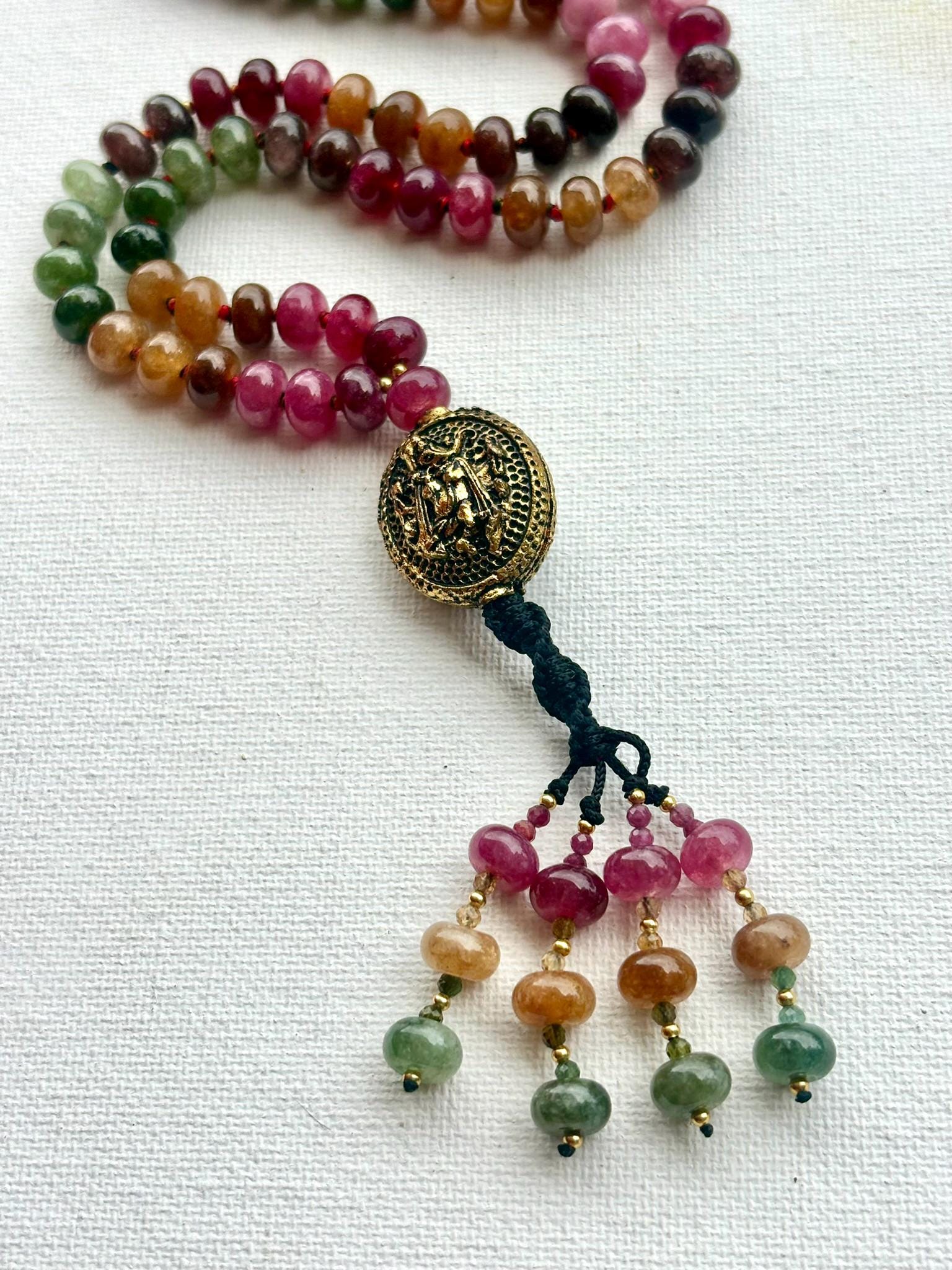 Tourmaline Quartz Mala Necklace: 108 Natural Gemstone Beads, Hand-Knotted