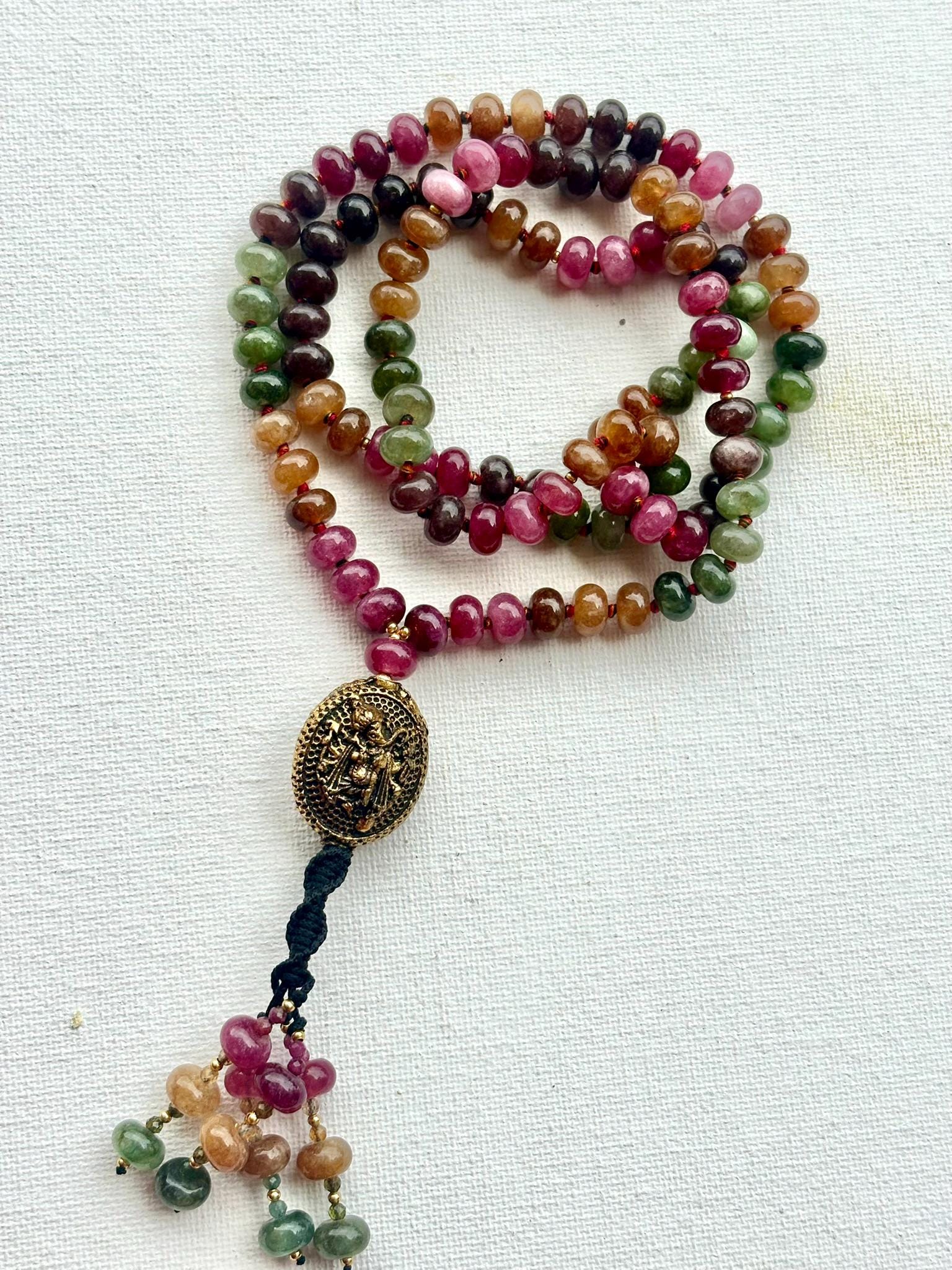 Tourmaline Quartz Mala Necklace: 108 Natural Gemstone Beads, Hand-Knotted