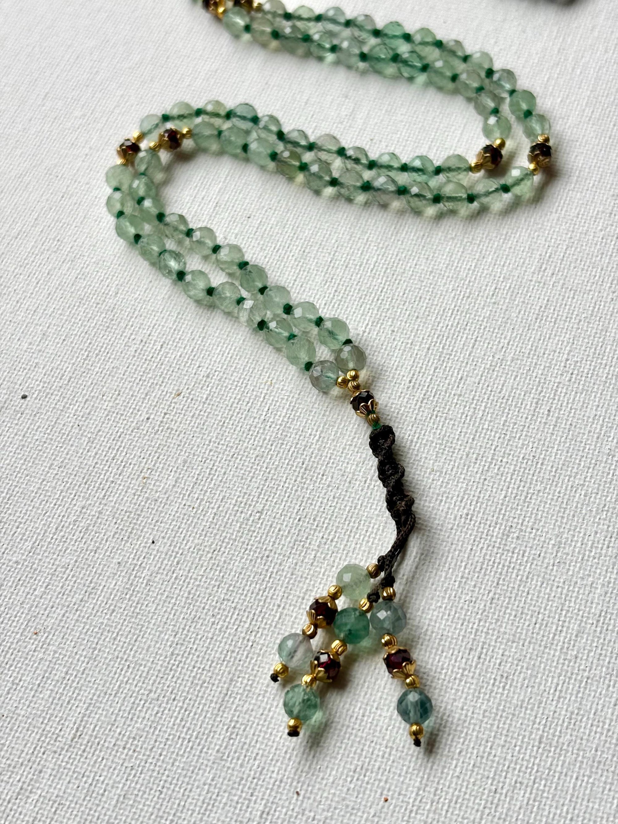 Green Fluorite Mala Necklace: 108 Beads, Garnet Accent, Meditation Jewelry