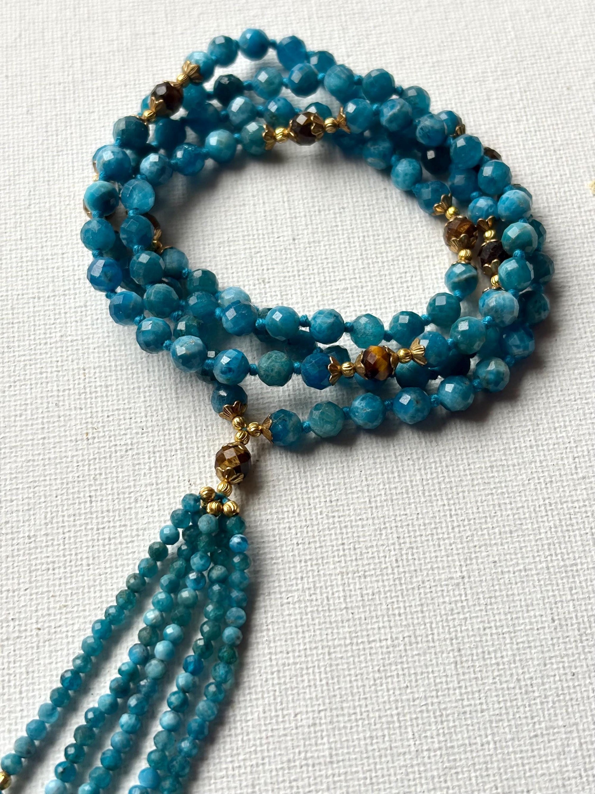 Blue Apatite Mala Necklace: Tiger Eye Beads, Hand-Knotted Japamala
