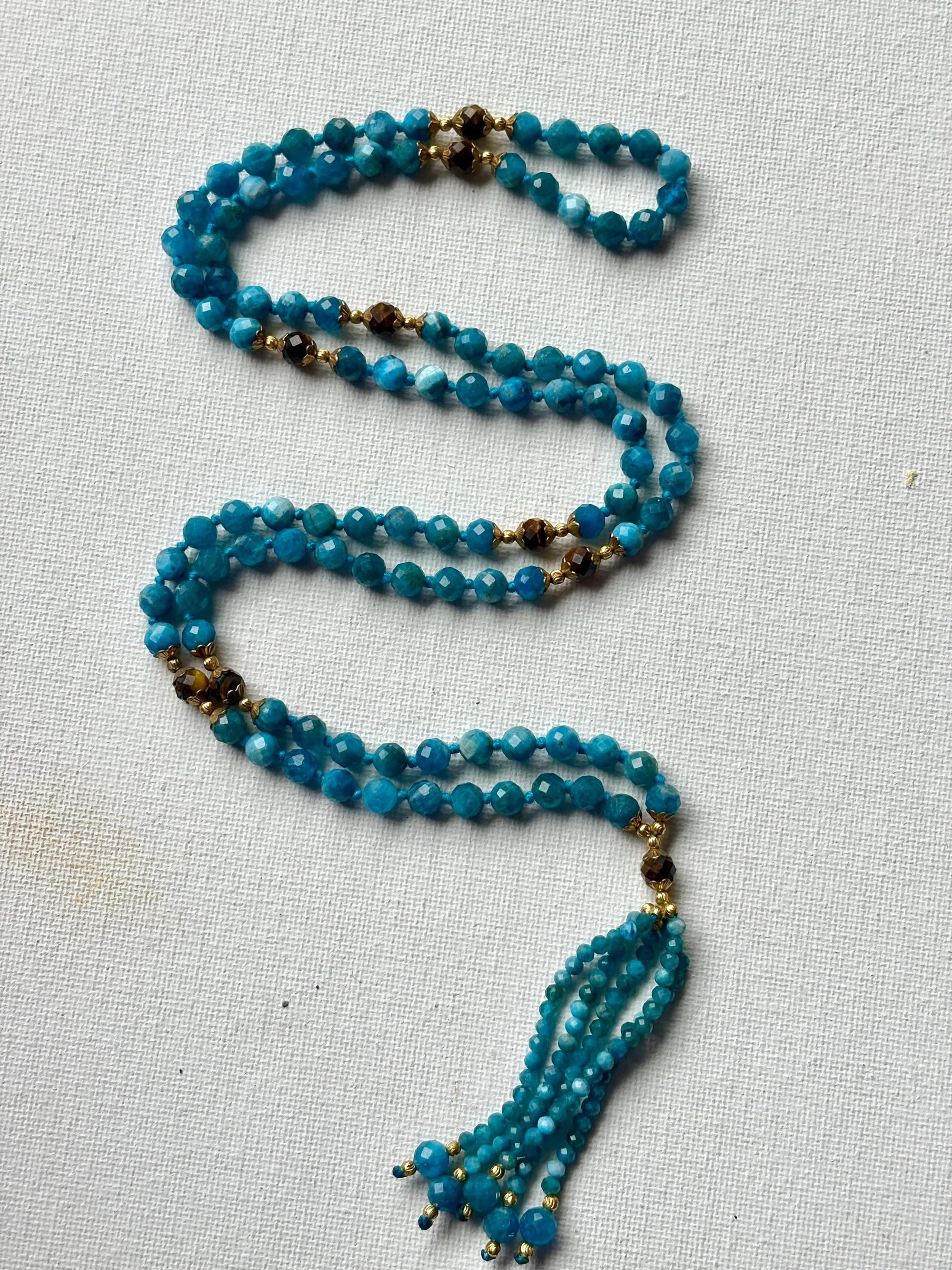 Blue Apatite Mala Necklace: Tiger Eye Beads, Hand-Knotted Japamala
