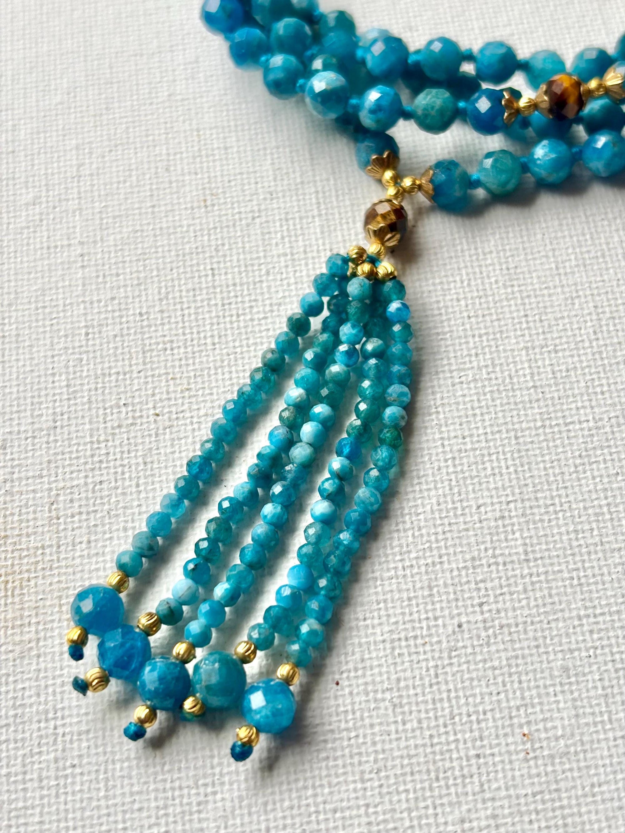 Blue Apatite Mala Necklace: Tiger Eye Beads, Hand-Knotted Japamala
