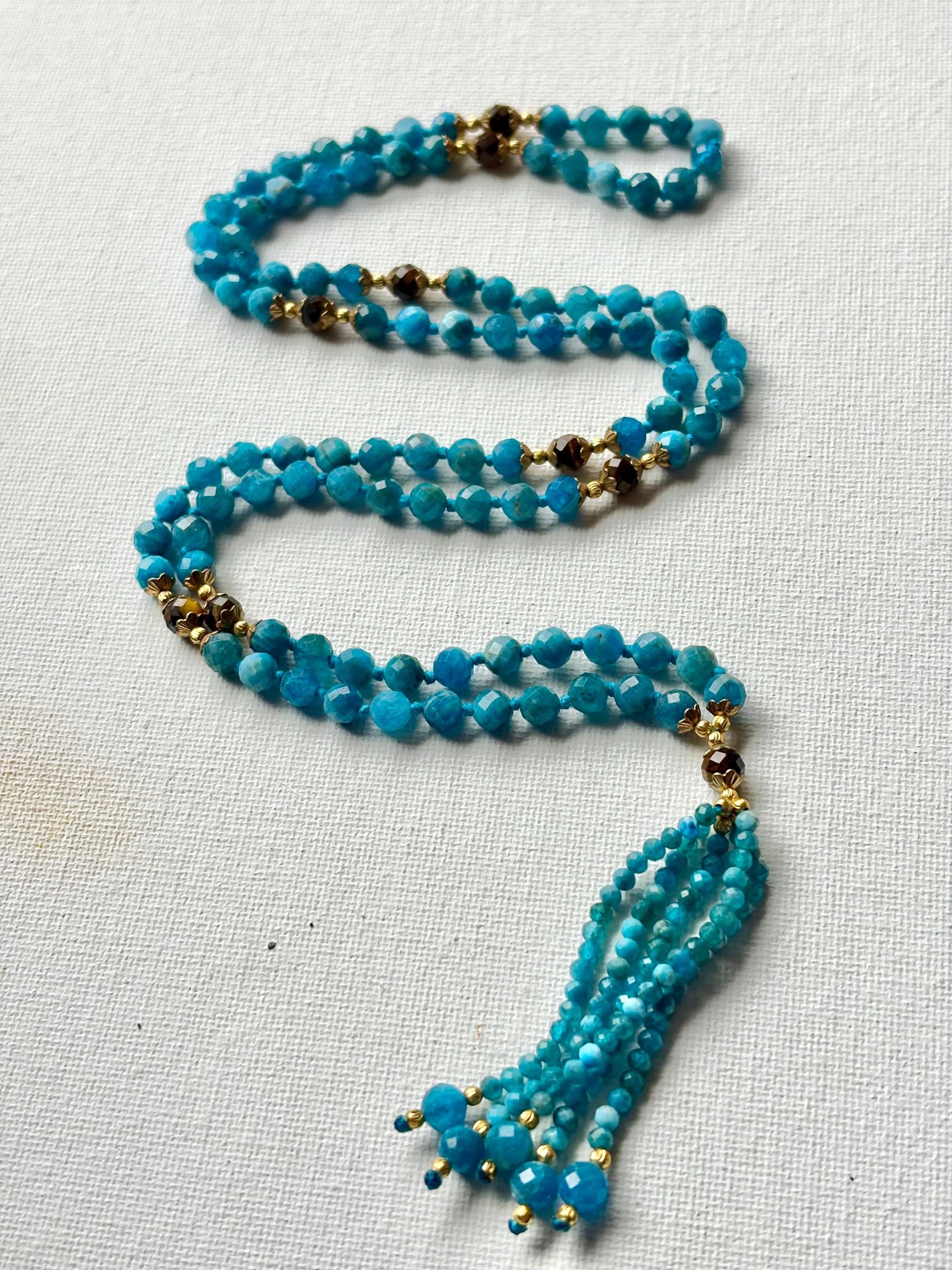 Blue Apatite Mala Necklace: Tiger Eye Beads, Hand-Knotted Japamala