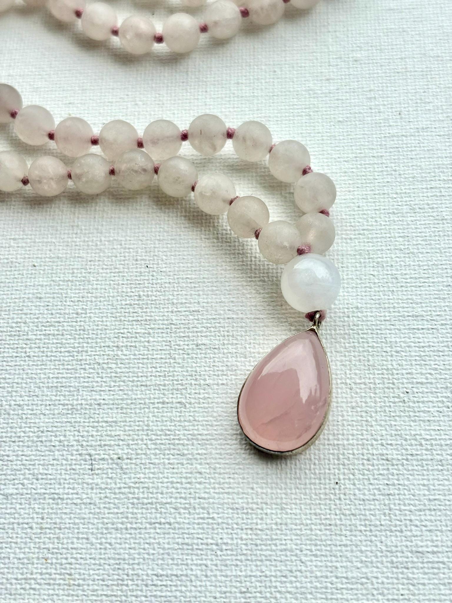 Rose Quartz Mala Necklace: Sterling Silver Pendant, Heart Chakra Healing