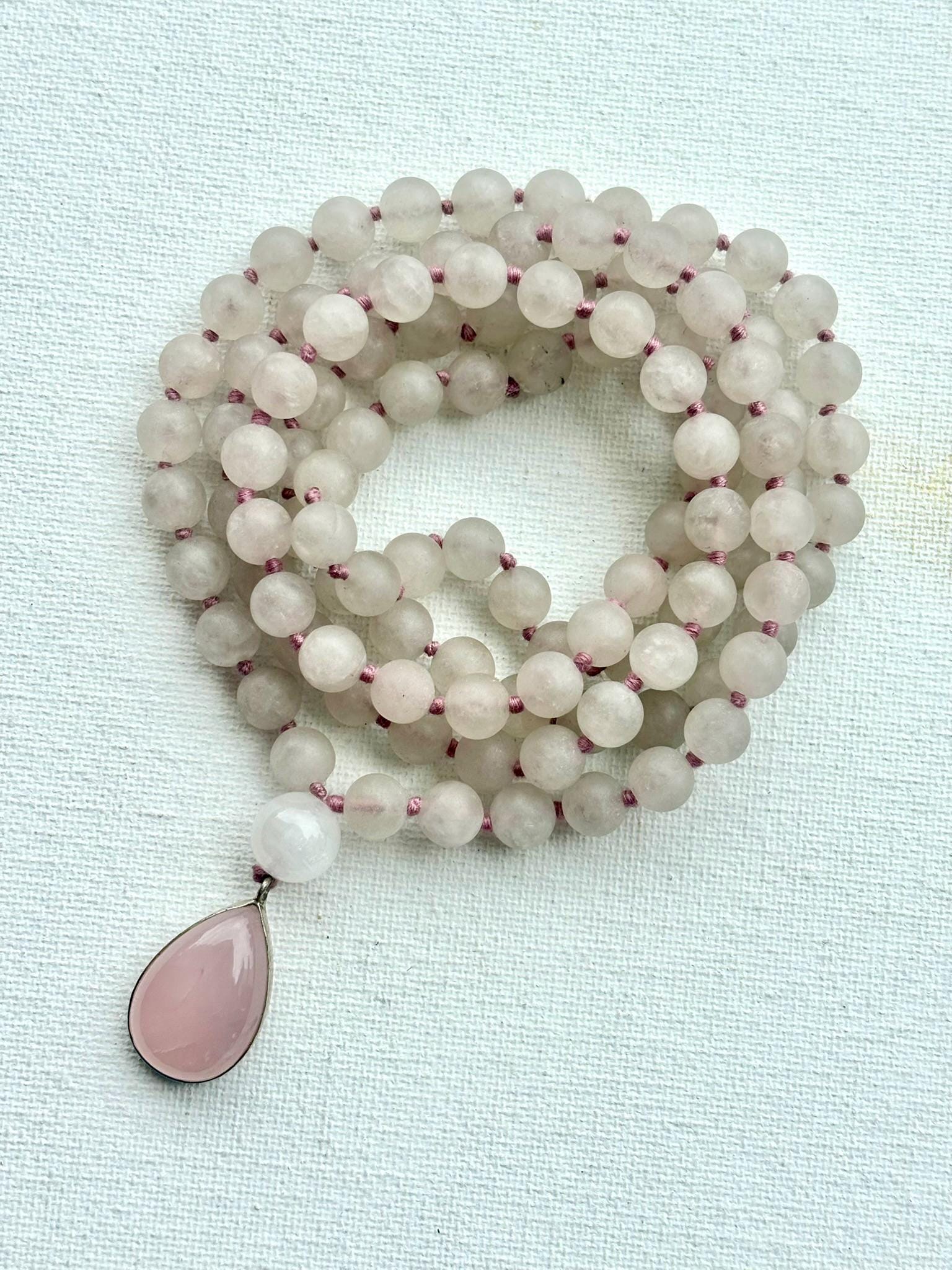 Rose Quartz Mala Necklace: Sterling Silver Pendant, Heart Chakra Healing