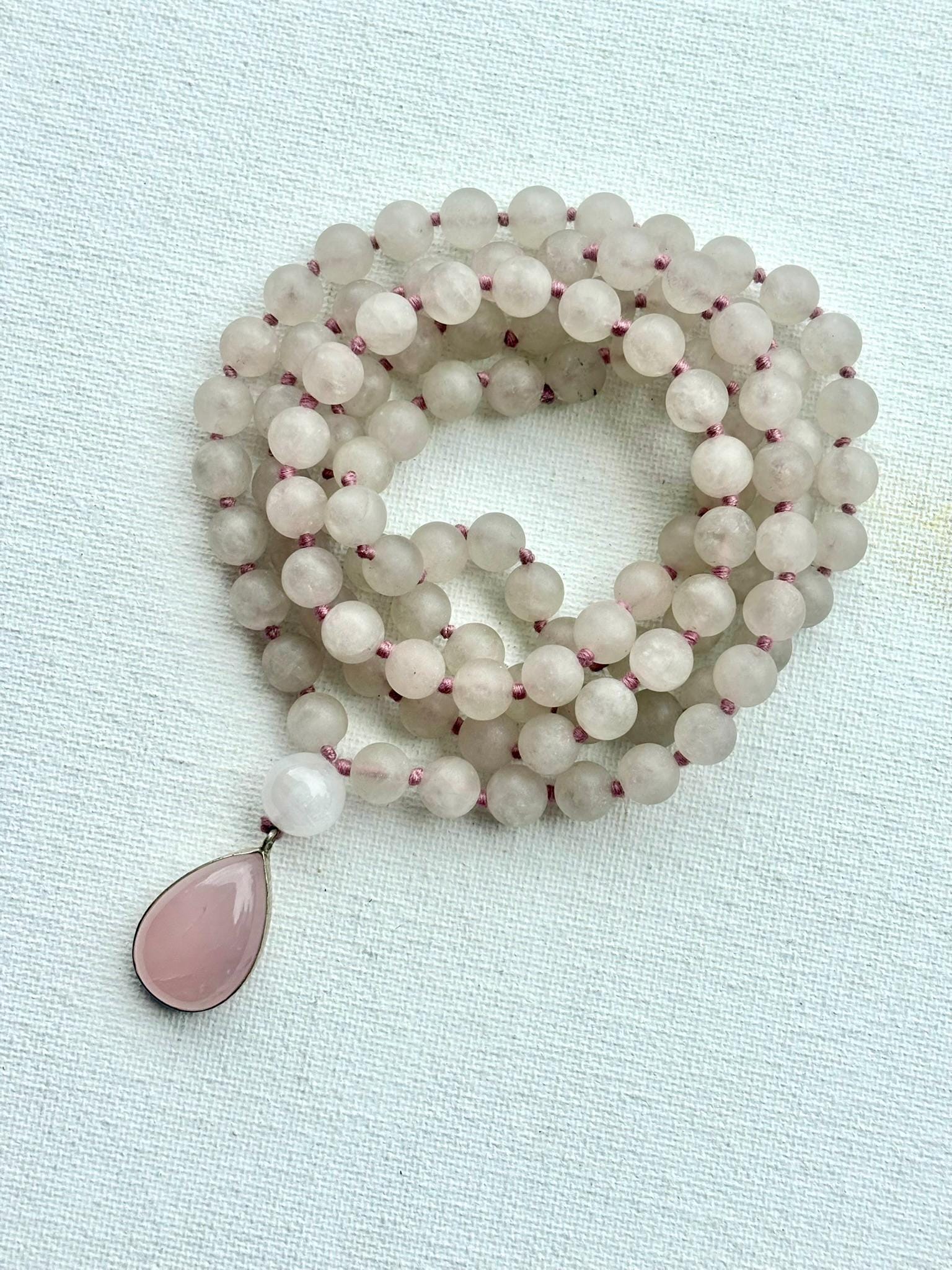 Rose Quartz Mala Necklace: Sterling Silver Pendant, Heart Chakra Healing