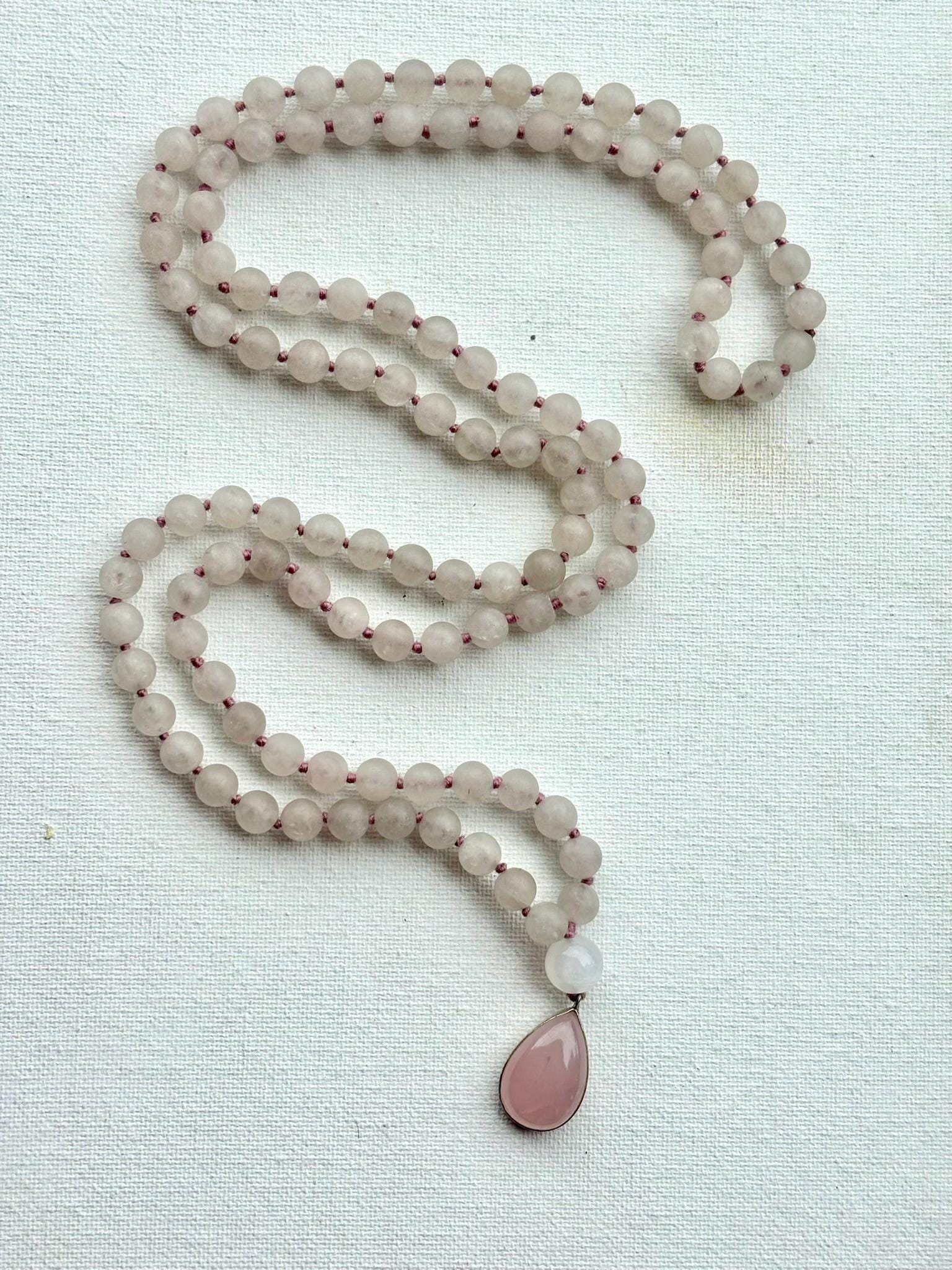 Rose Quartz Mala Necklace: Sterling Silver Pendant, Heart Chakra Healing