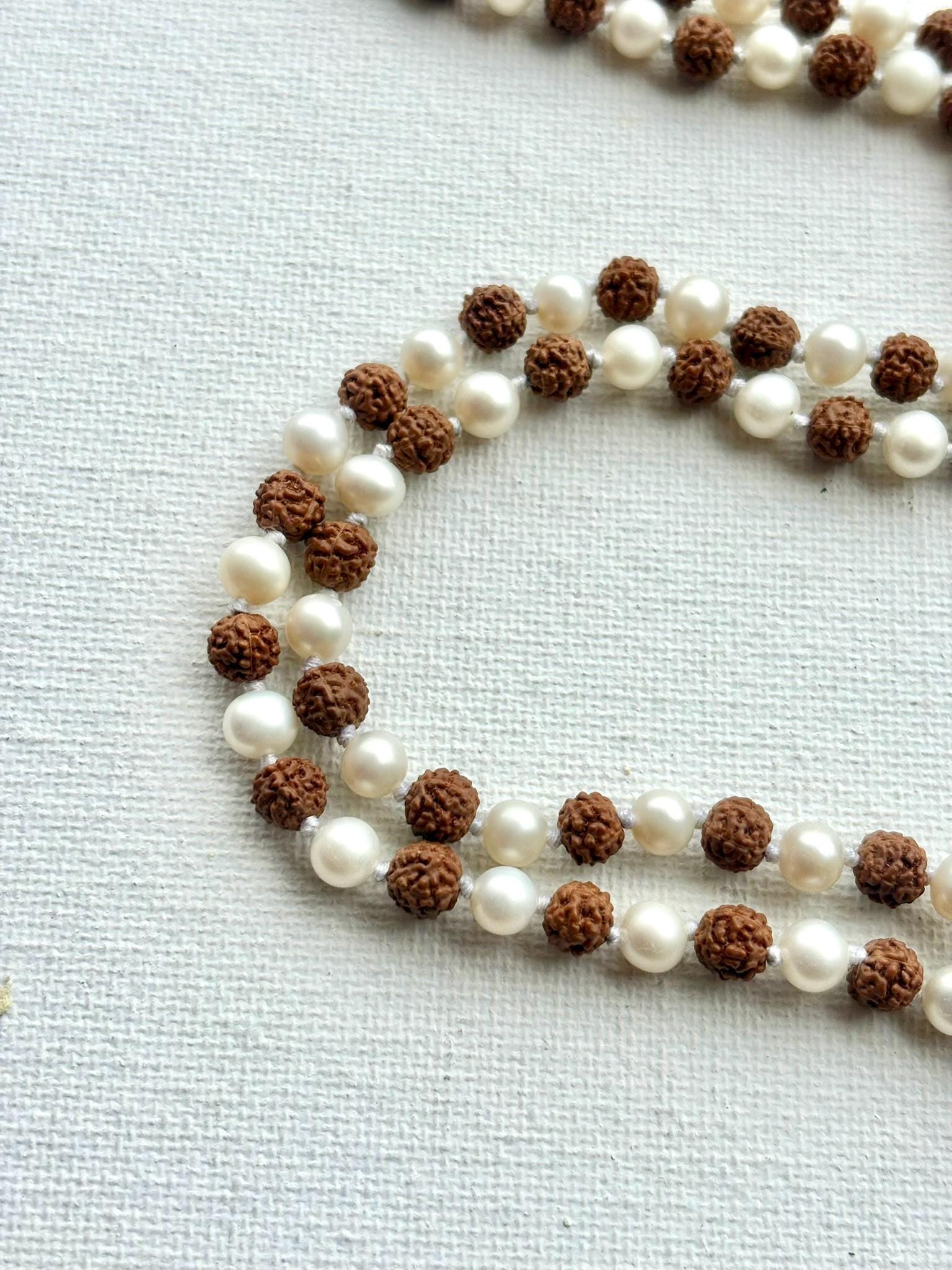 Rudraksha & Pearl 108 Bead Mala: Hand-Knotted Prayer Beads