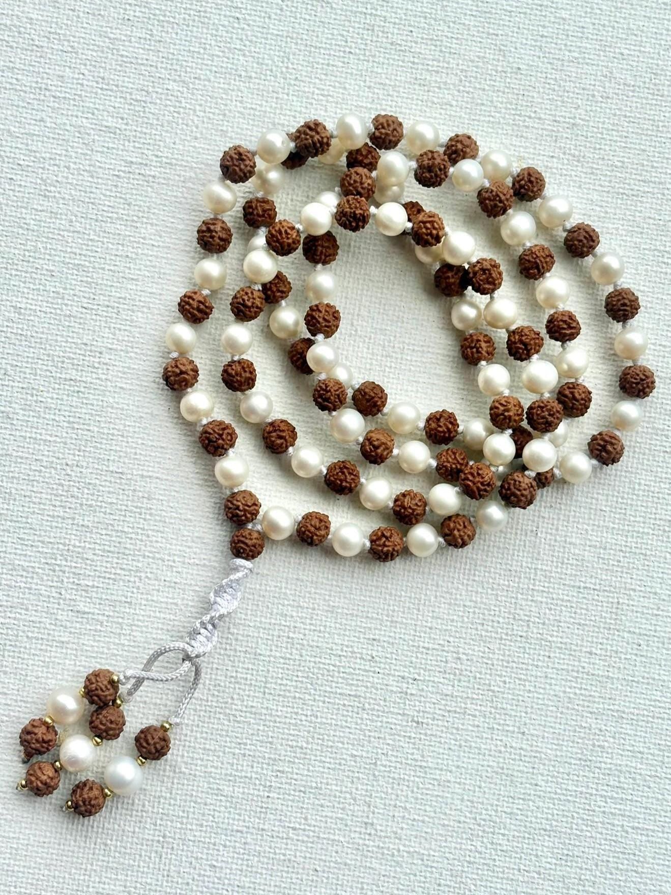 Rudraksha & Pearl 108 Bead Mala: Hand-Knotted Prayer Beads
