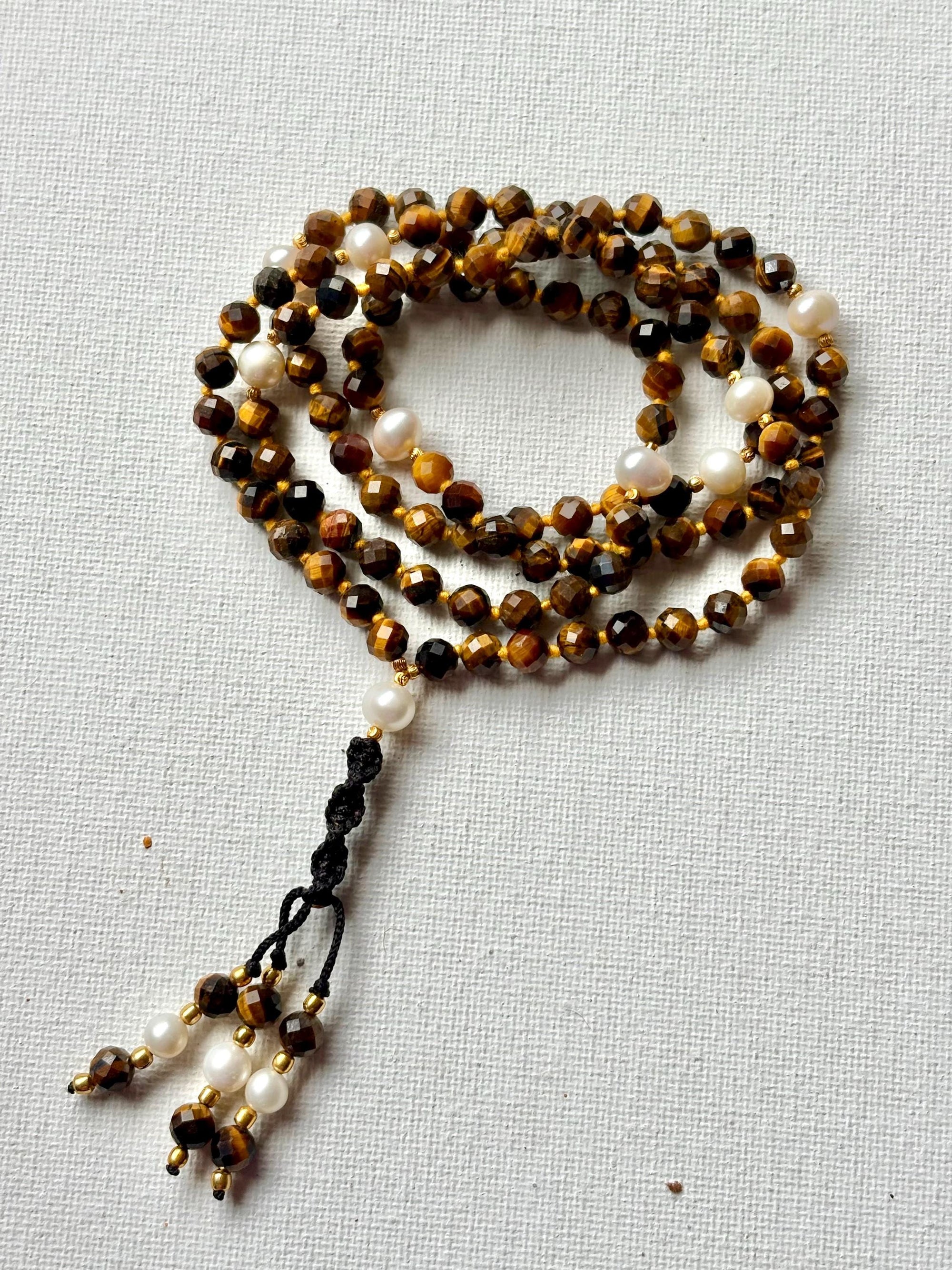 Handmade Tiger Eye and Pearl Mala | Meditation Beads | Yoga Jewelry for Men and Women