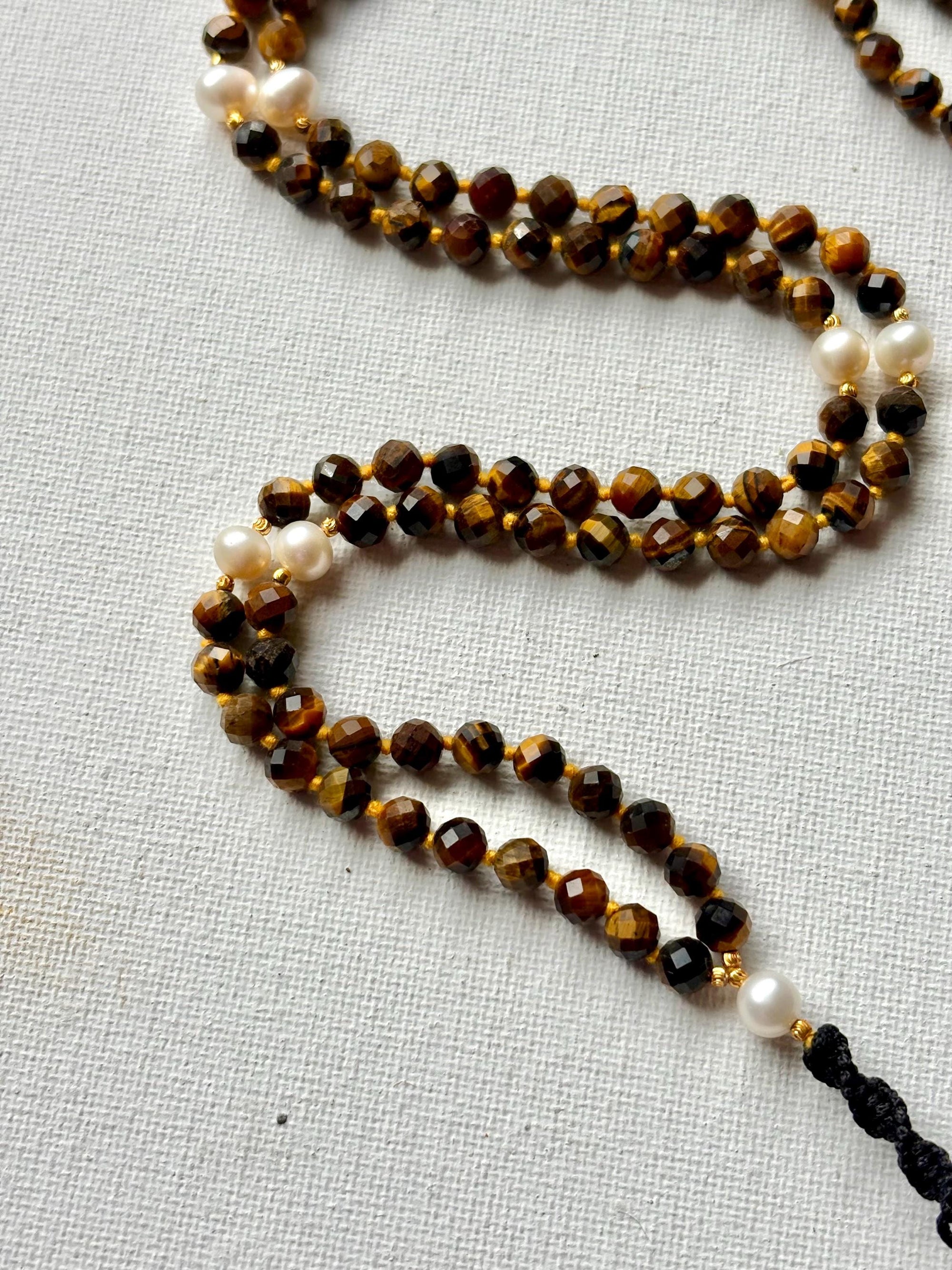 Handmade Tiger Eye and Pearl Mala | Meditation Beads | Yoga Jewelry for Men and Women