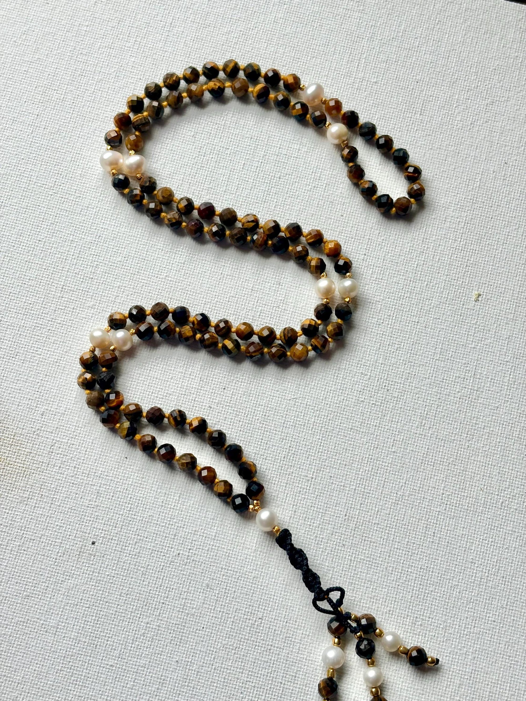 Handmade Tiger Eye and Pearl Mala | Meditation Beads | Yoga Jewelry for Men and Women
