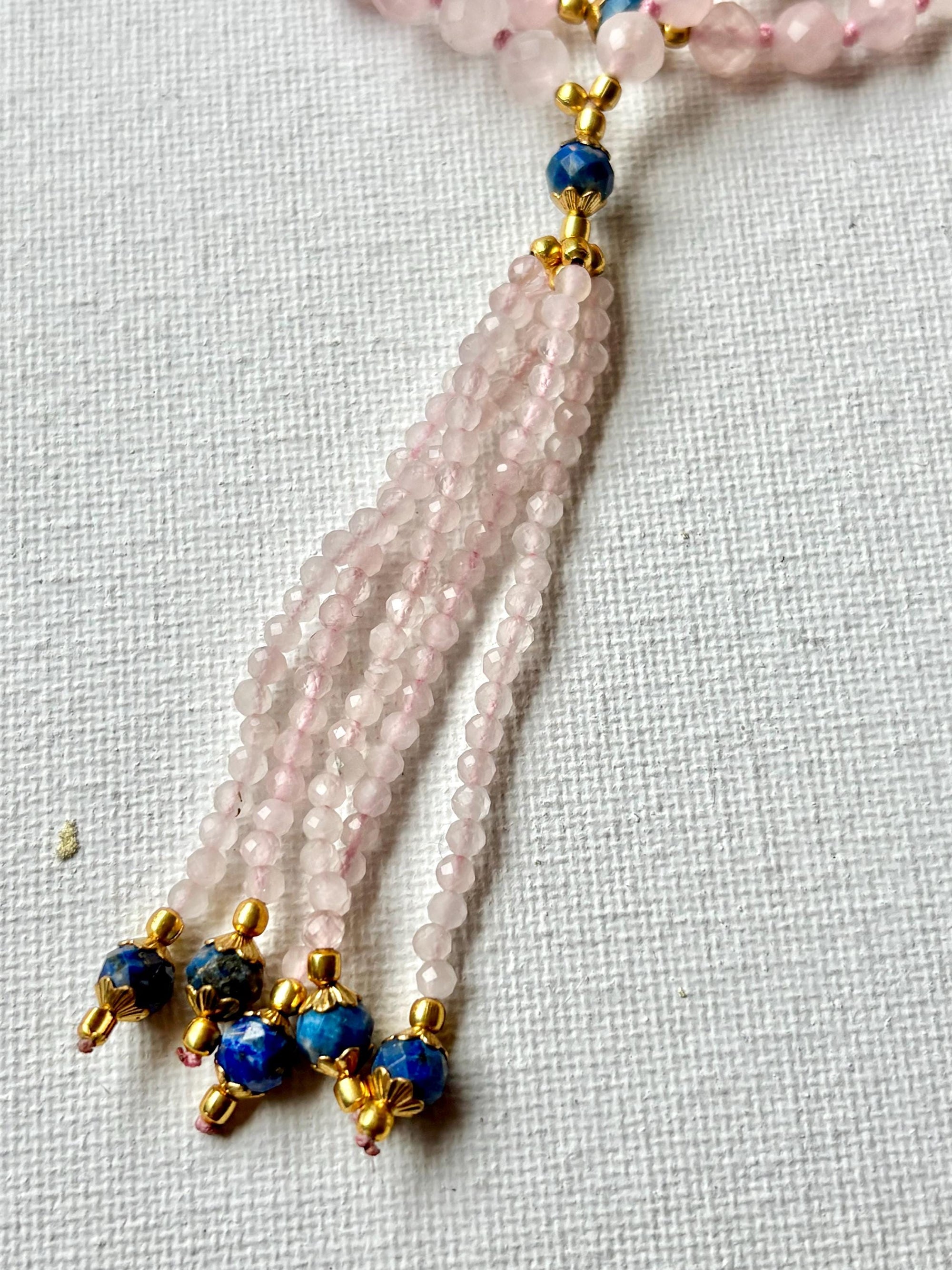 Rose Quartz Mala Necklace: Lapis Lazuli Accents, Heart Chakra Healing