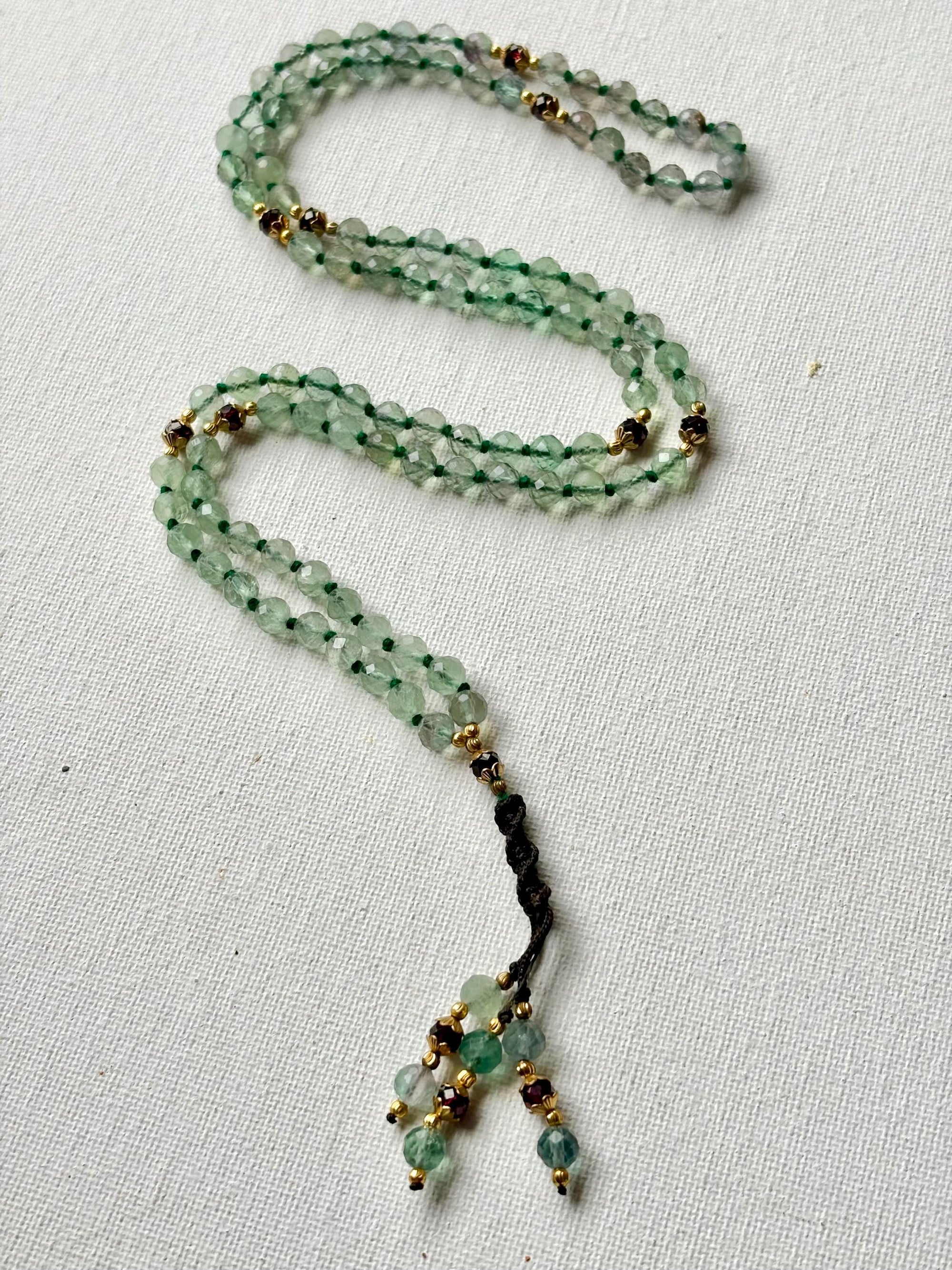 Green Fluorite Mala Necklace: 108 Beads, Garnet Accent, Meditation Jewelry