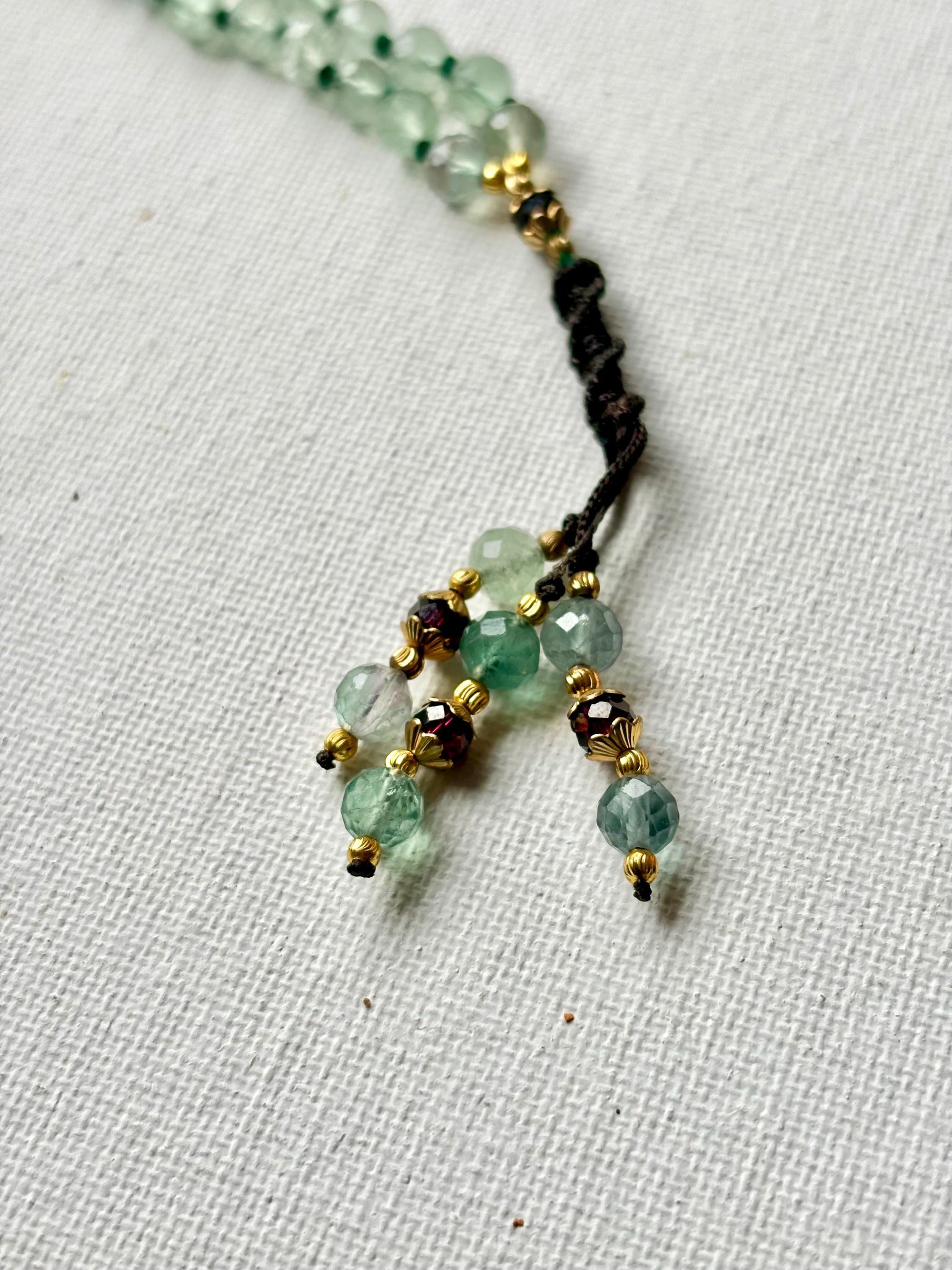 Green Fluorite Mala Necklace: 108 Beads, Garnet Accent, Meditation Jewelry