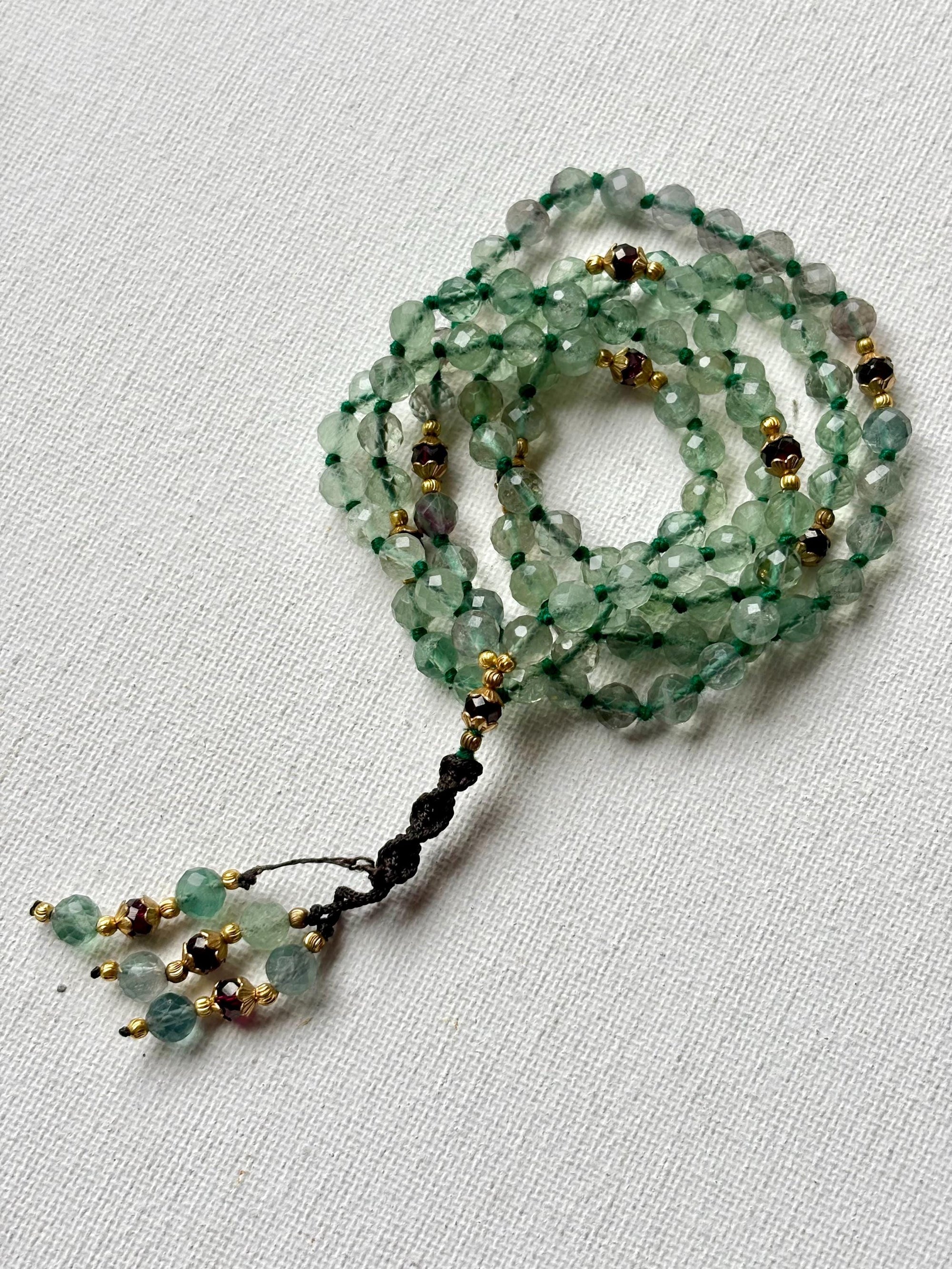 Green Fluorite Mala Necklace: 108 Beads, Garnet Accent, Meditation Jewelry