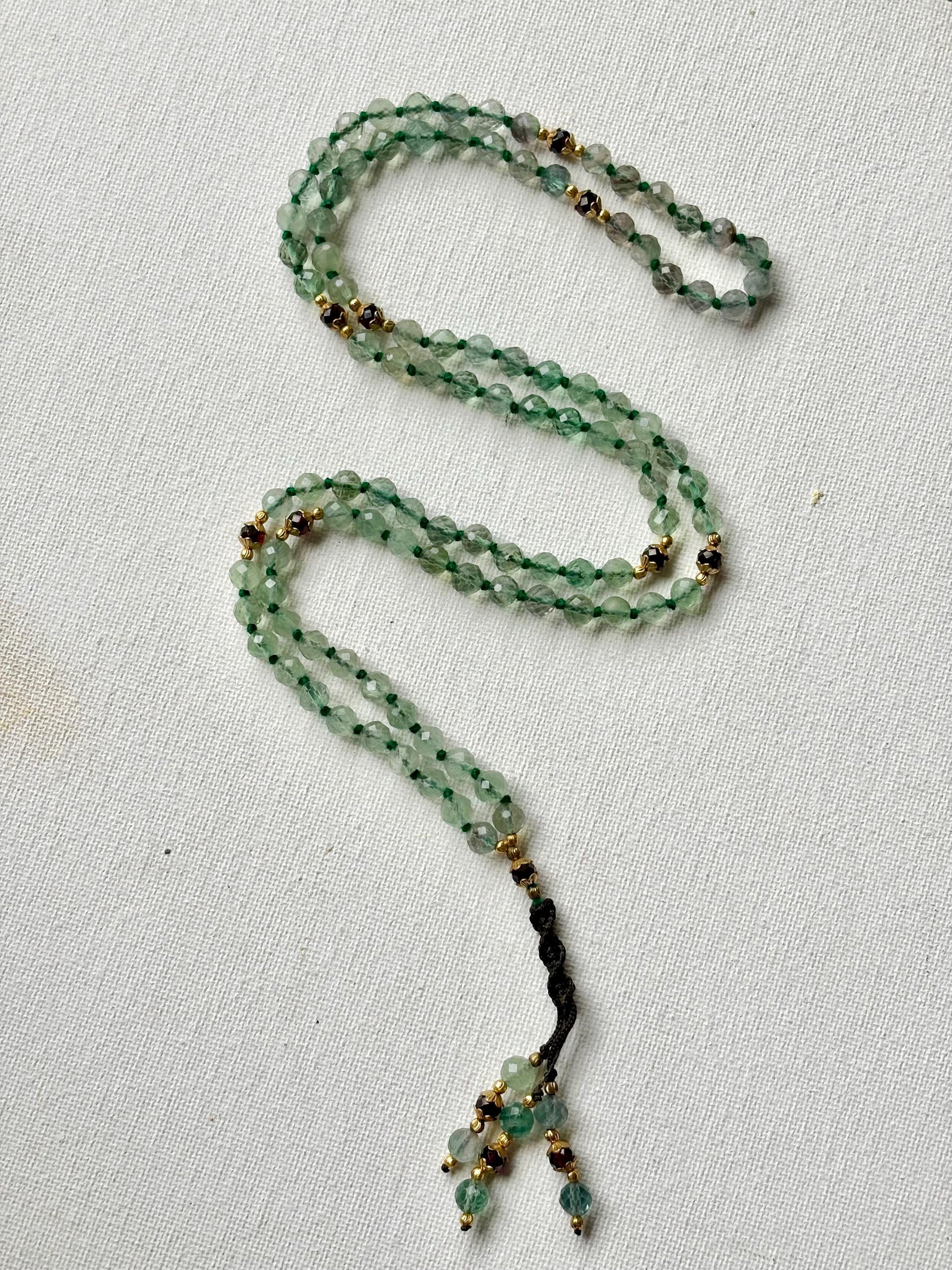 Green Fluorite Mala Necklace: 108 Beads, Garnet Accent, Meditation Jewelry