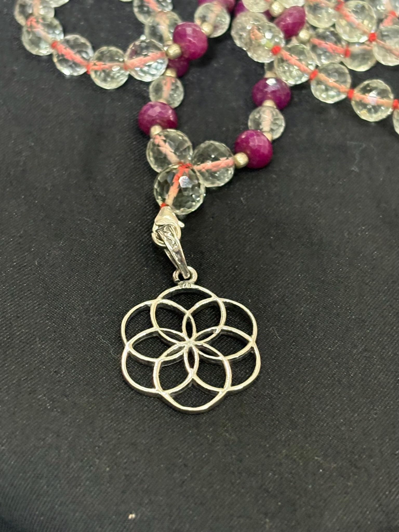 Faceted Green Amethyst Mala Necklace with Ruby Beads & Sterling Silver Flower of Life Pendant | 108 Bead Japa Mala | Healing Yoga Jewelry