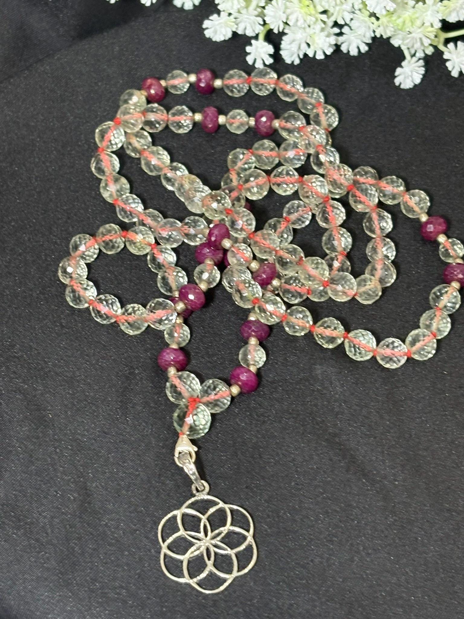 Faceted Green Amethyst Mala Necklace with Ruby Beads & Sterling Silver Flower of Life Pendant | 108 Bead Japa Mala | Healing Yoga Jewelry