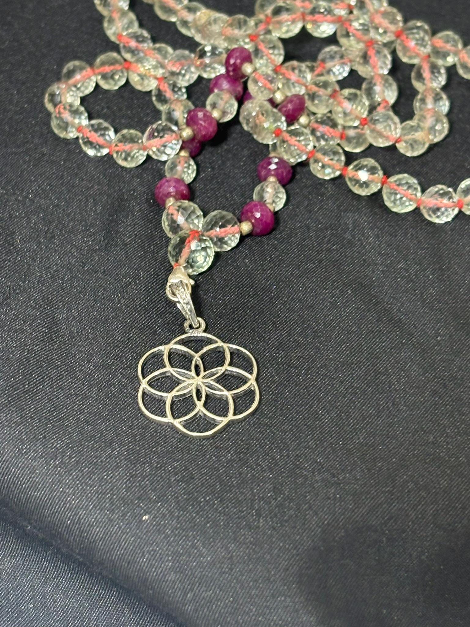Faceted Green Amethyst Mala Necklace with Ruby Beads & Sterling Silver Flower of Life Pendant | 108 Bead Japa Mala | Healing Yoga Jewelry
