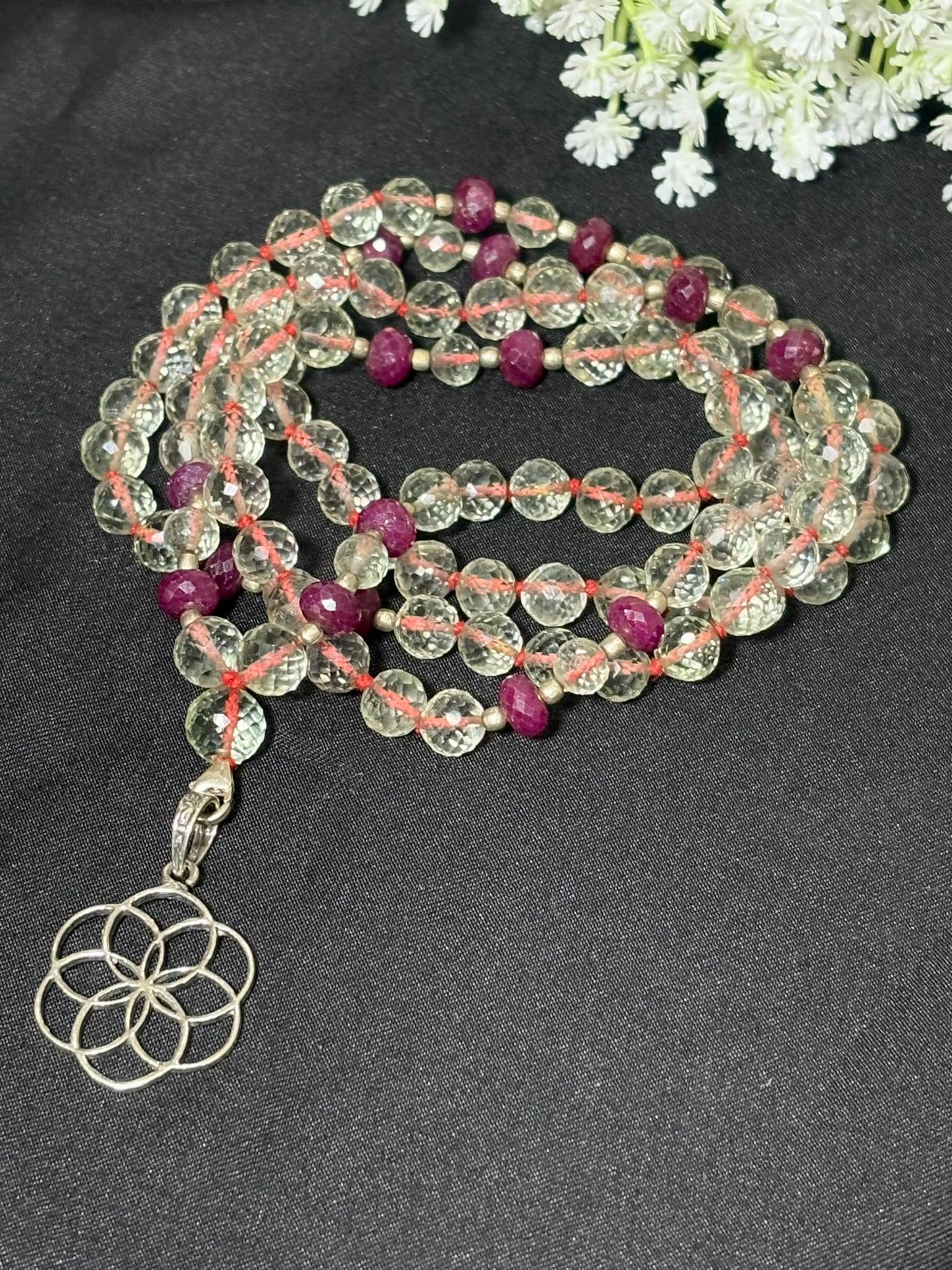 Faceted Green Amethyst Mala Necklace with Ruby Beads & Sterling Silver Flower of Life Pendant | 108 Bead Japa Mala | Healing Yoga Jewelry