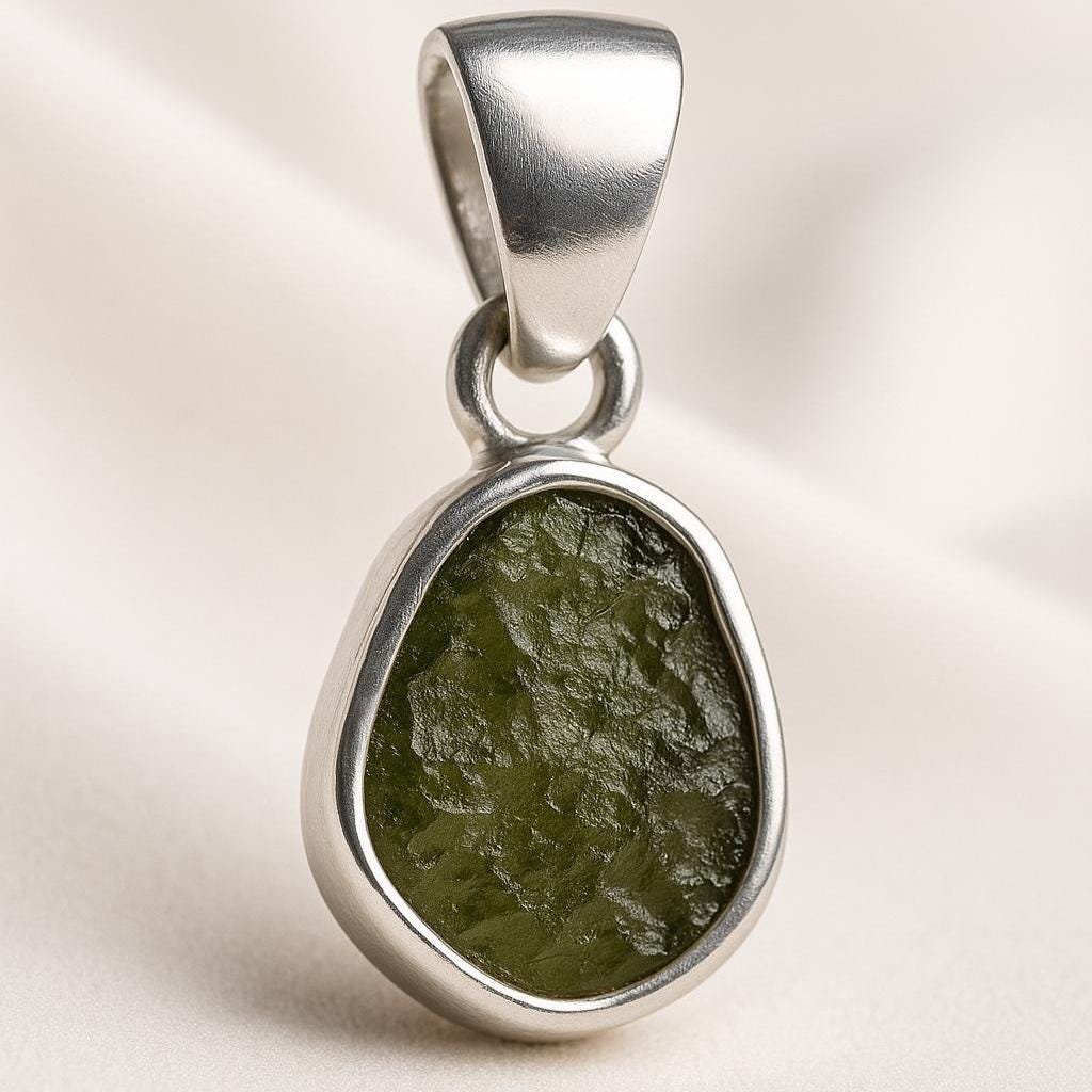 Raw Moldavite Sterling Silver Pendant | Certified Natural Green Crystal Necklace | Minimal Boho Jewelry | Healing Stone Gift for Her