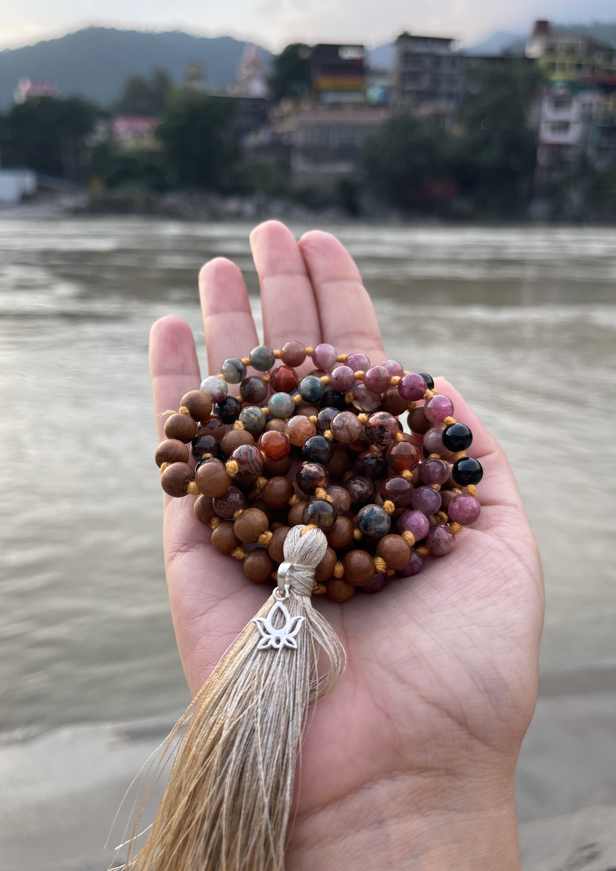 Tourmaline, Fire Agate, and sandalwood Mala