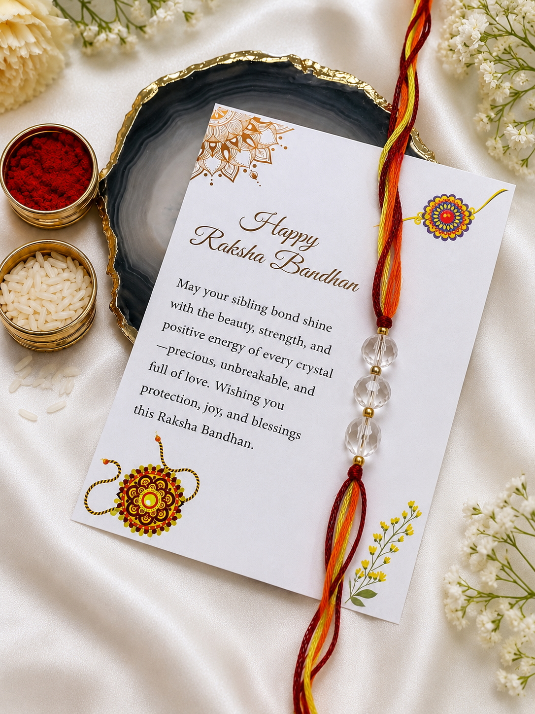 Clear Quartz Bhaiya Bhabhi Rakhi Set