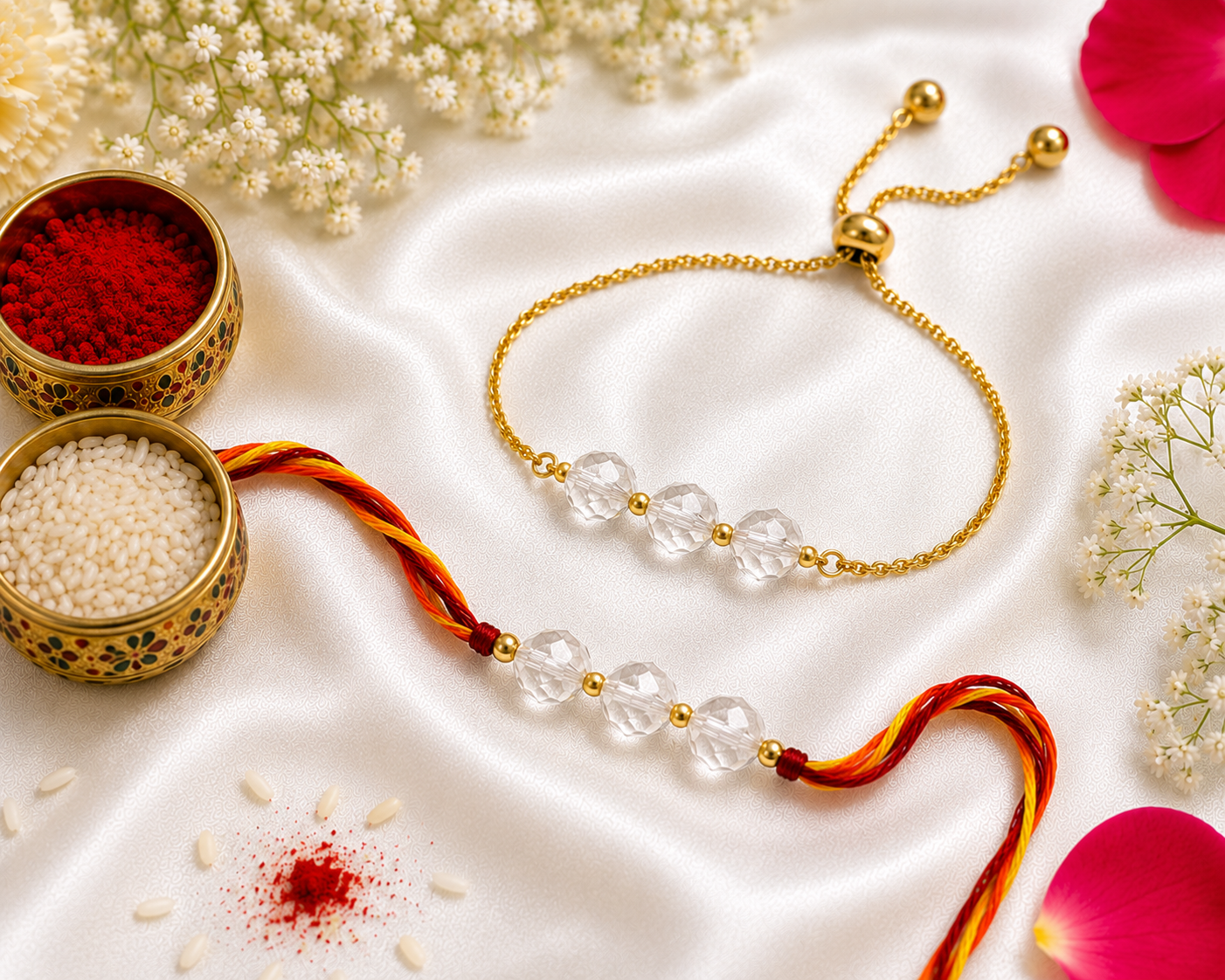 Clear Quartz Bhaiya Bhabhi Rakhi Set