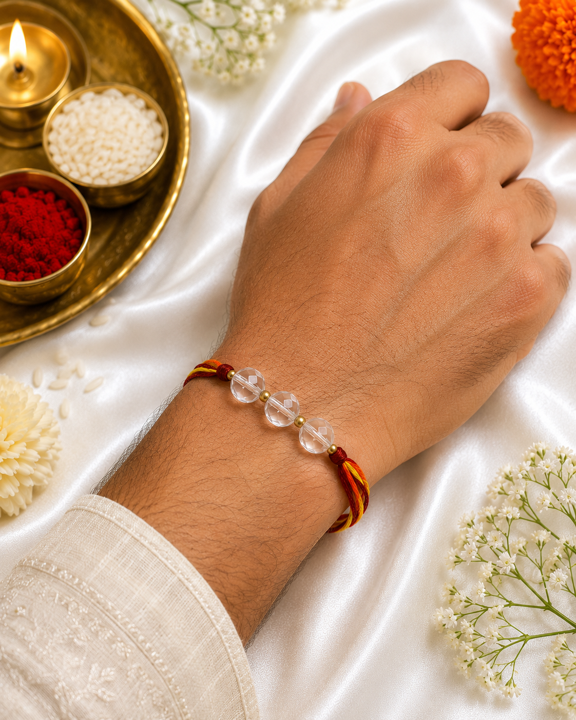 Clear Quartz Bhaiya Bhabhi Rakhi Set